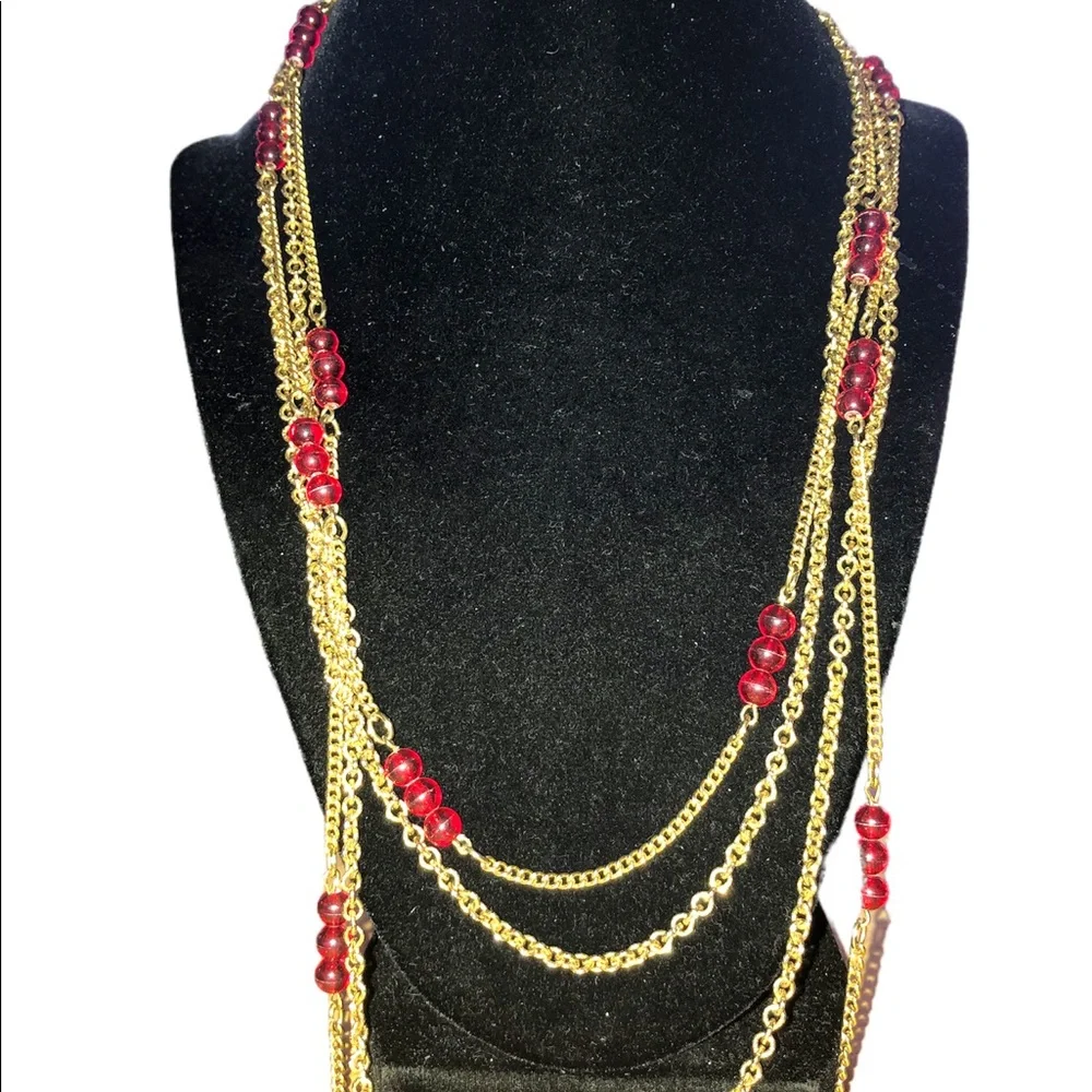 Disco Long Gold‎ Tone Chain Red Glass Bead Necklace